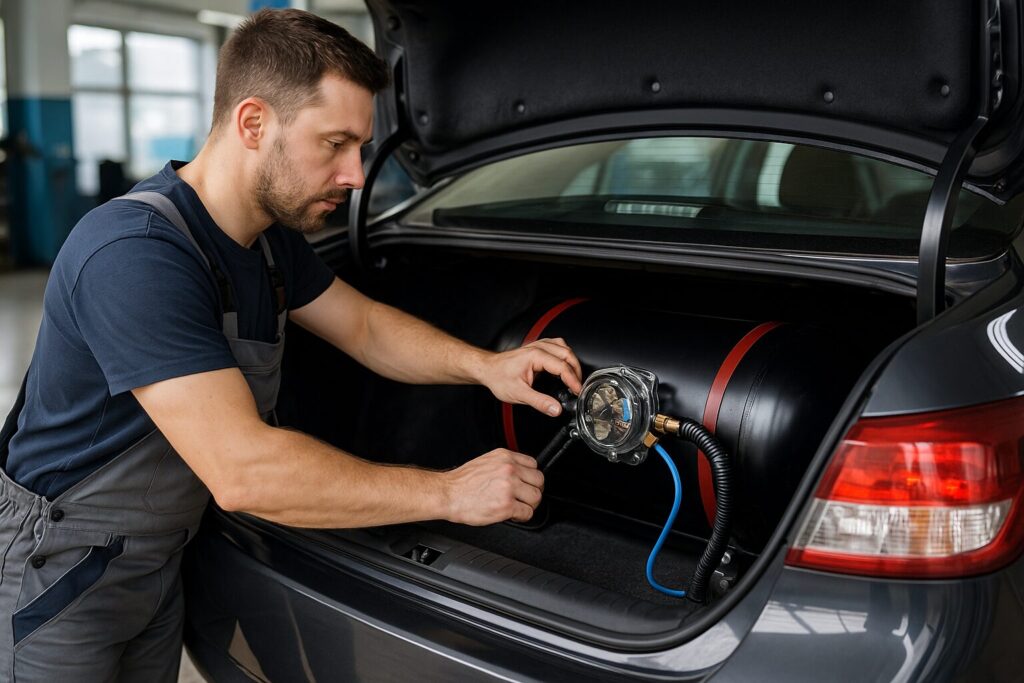 Meccanico che installa un impianto metano auto nel bagagliaio, con bombola CNG e attrezzatura tecnica in officina specializzata.