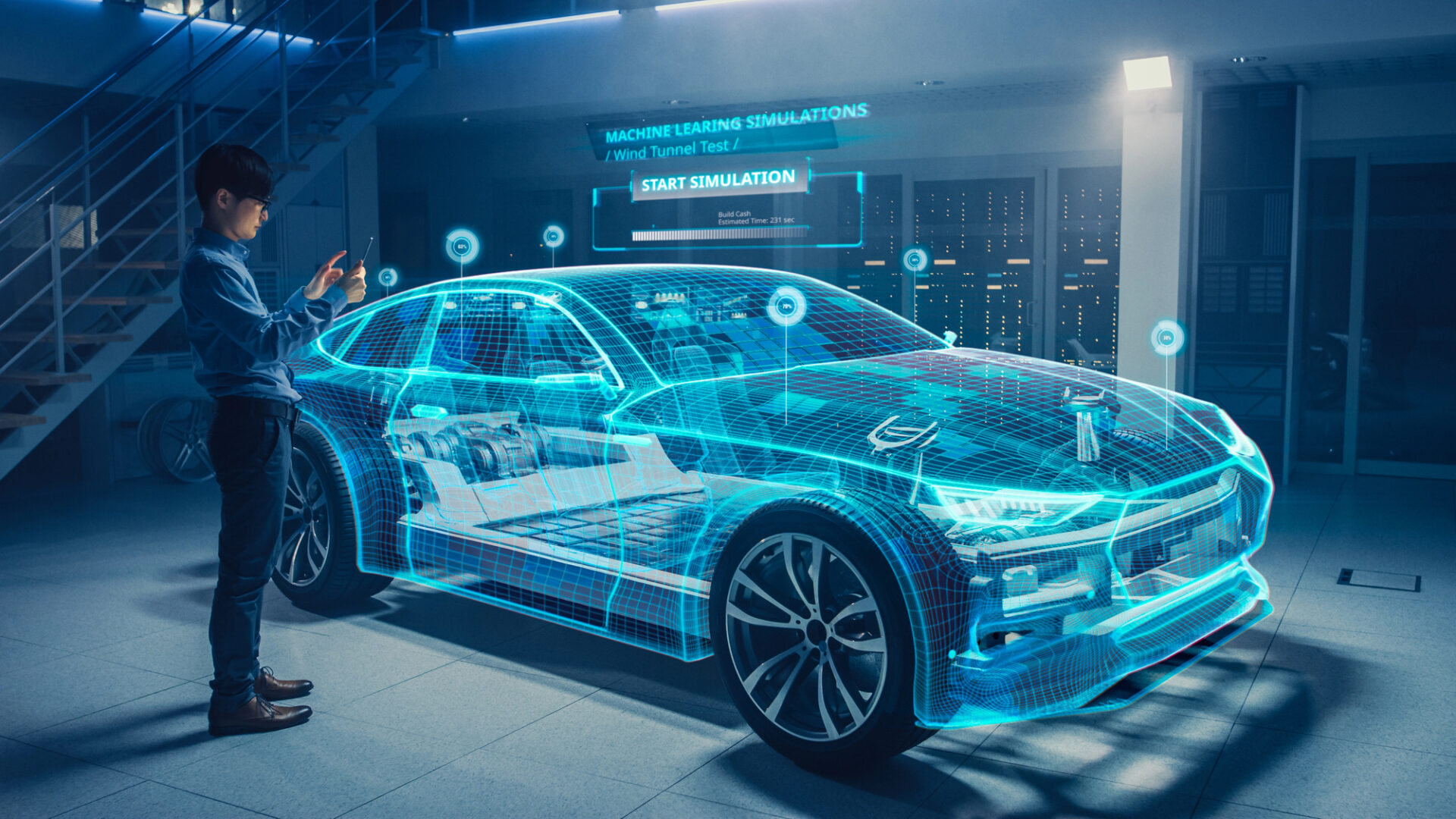 macchina del futuro con tecnologia digitale e simulazione avanzata in ambiente high tech