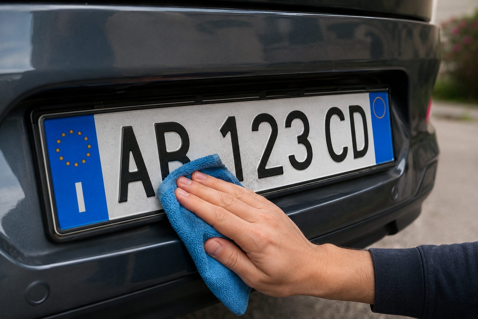 Persona che pulisce una targa auto con un panno, alternativa sicura al verniciare la targa dell’auto rovinata.